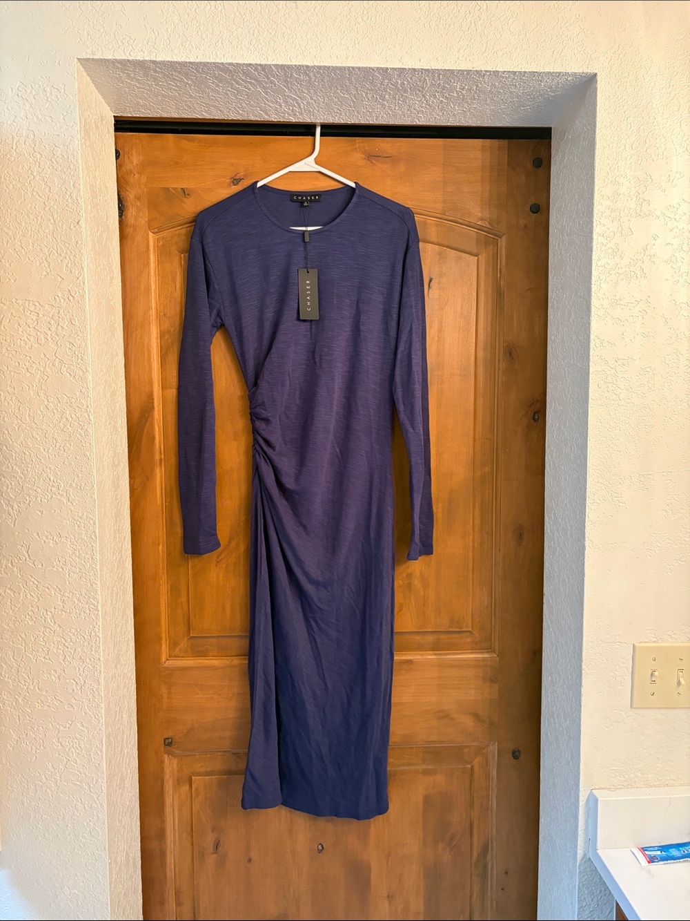 Chaser Long Sleeve Ruched Midi Dress in Navy